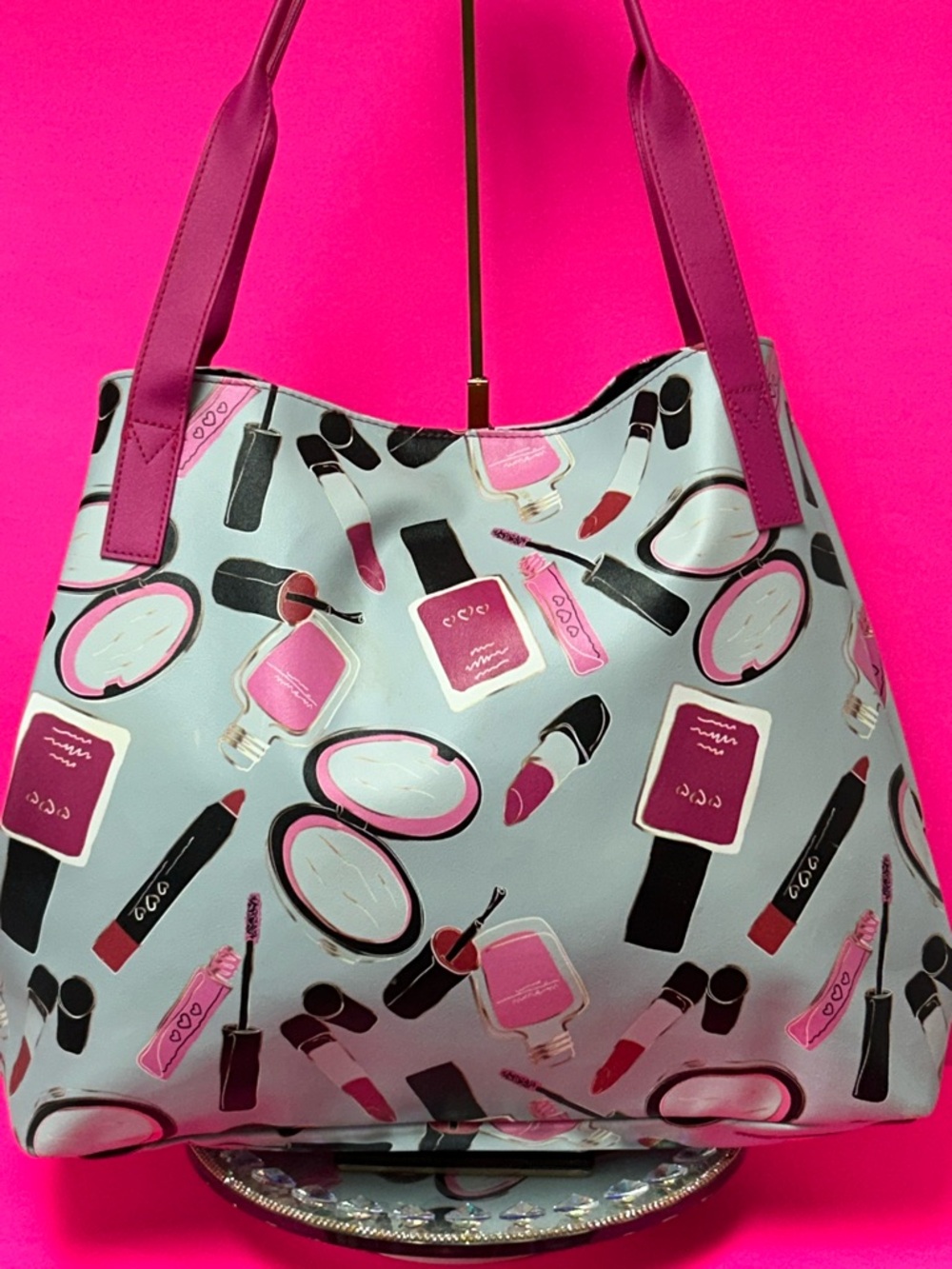 Women’s Pink Cosmetic-Print Tote Bag Approx. 21 x 14 x 5 Expanded